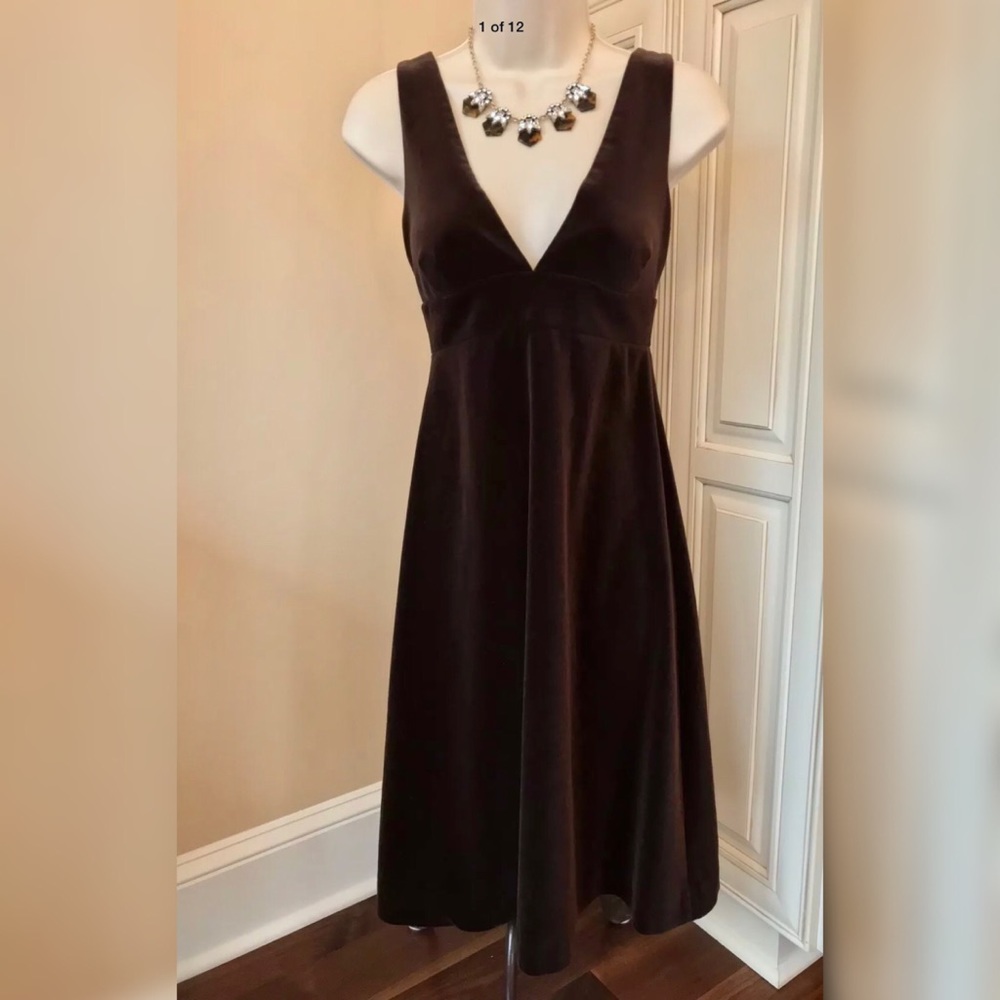 J Crew Chocolate Velvet V Neck Fit & Flare Dress